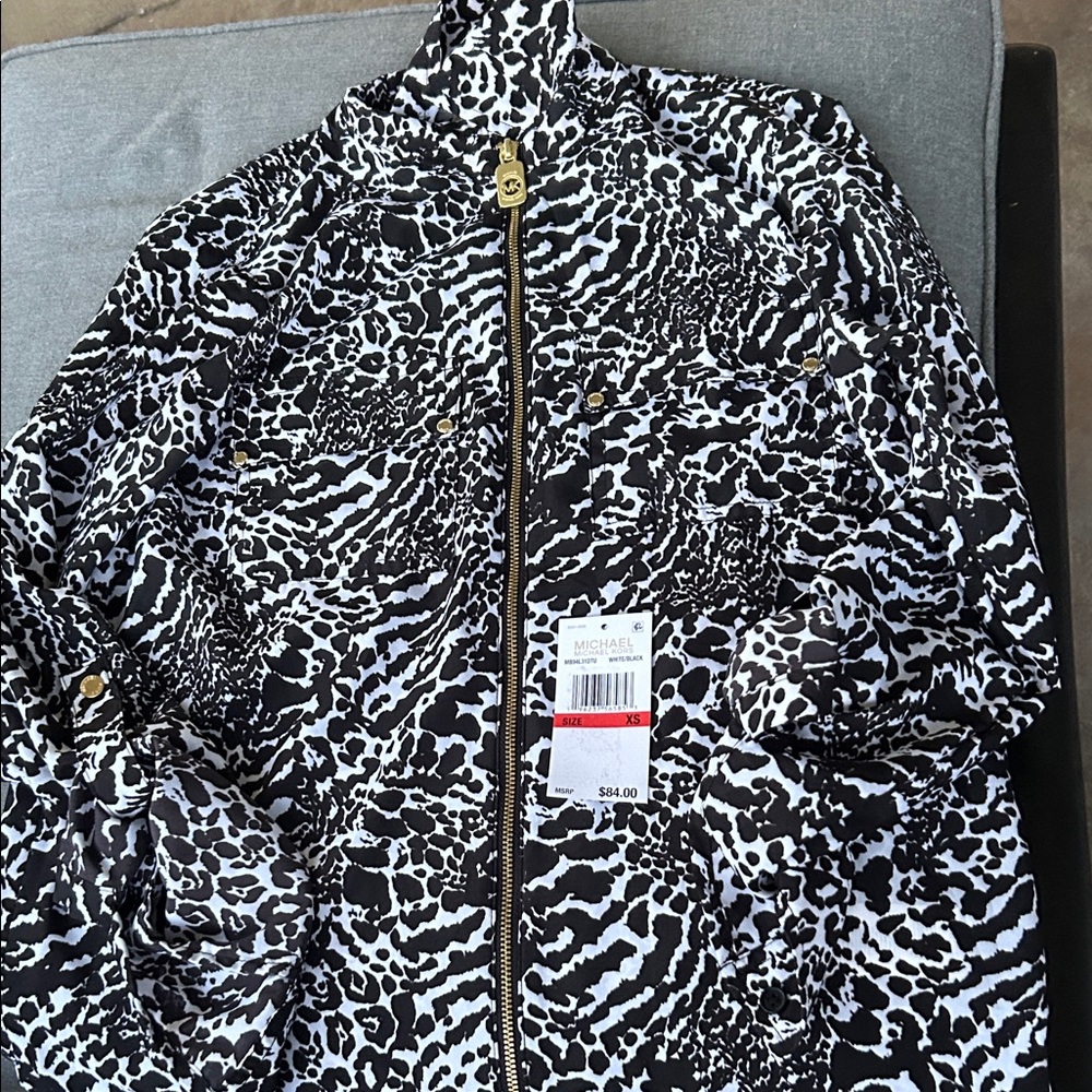 Michael Kors, black and White Animal Print zipper shirt